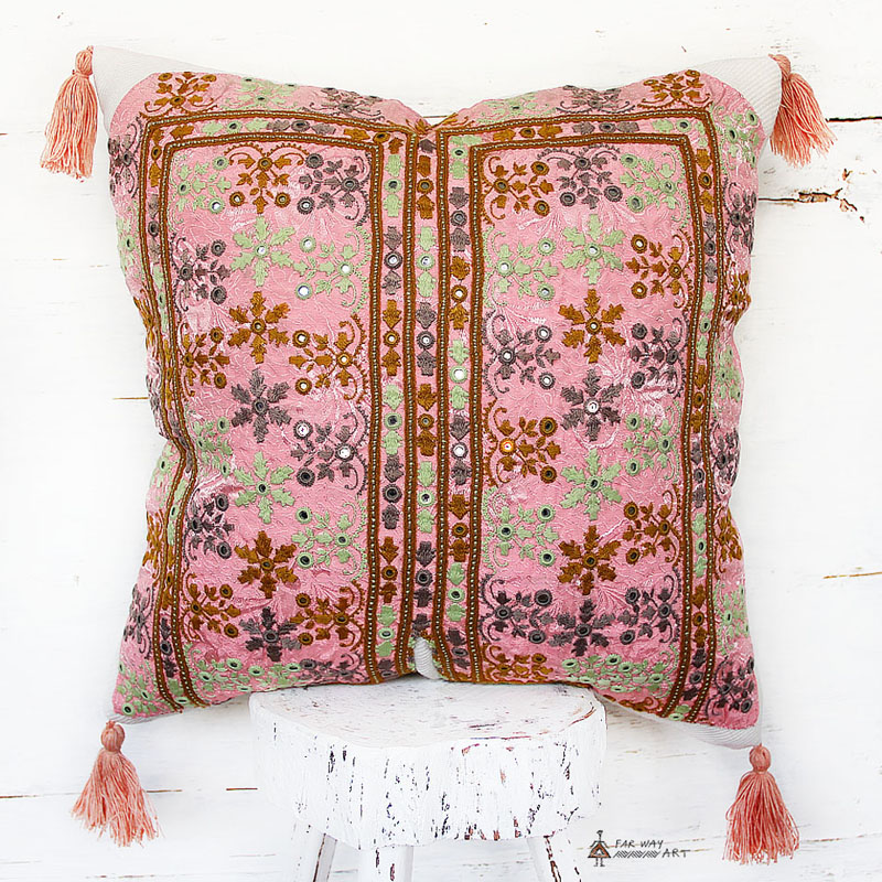 Pink Mirror Embroidered Throw Pillow Cover For Boho-chic Home Decor ...