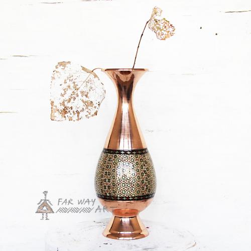 Handmade Wood Marquetry Copper Vase