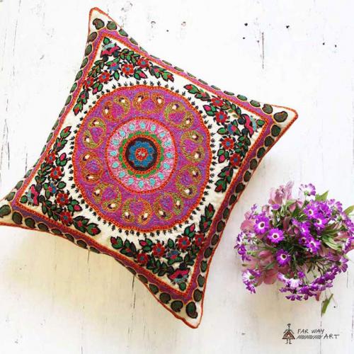 Pink Boho Hand Embroidered Mandala Pillow