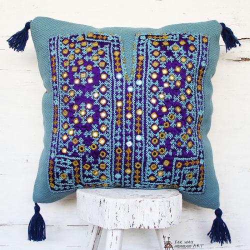 Blue Mirror Embroidered Throw Pillow